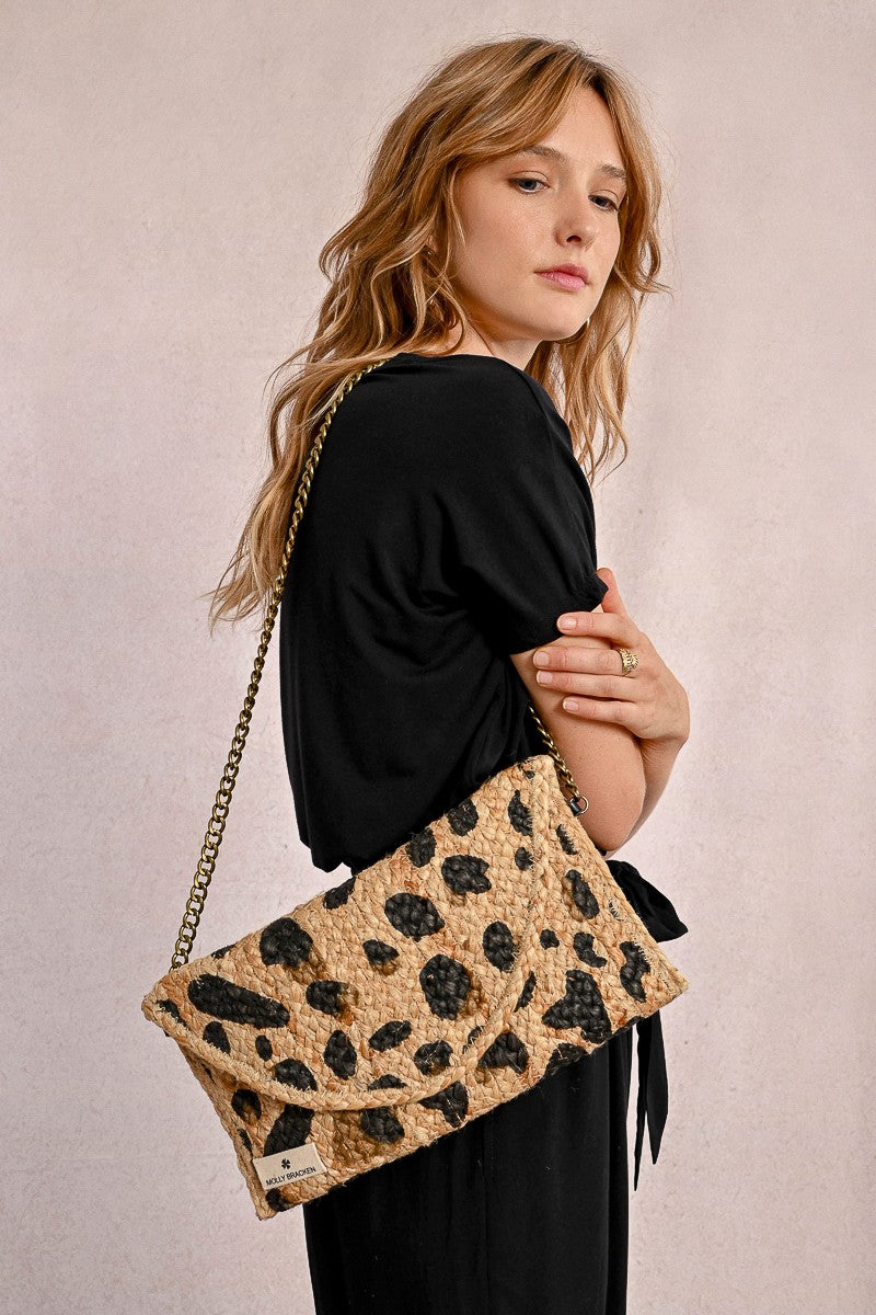 Pochette à clip en paille motif léopard