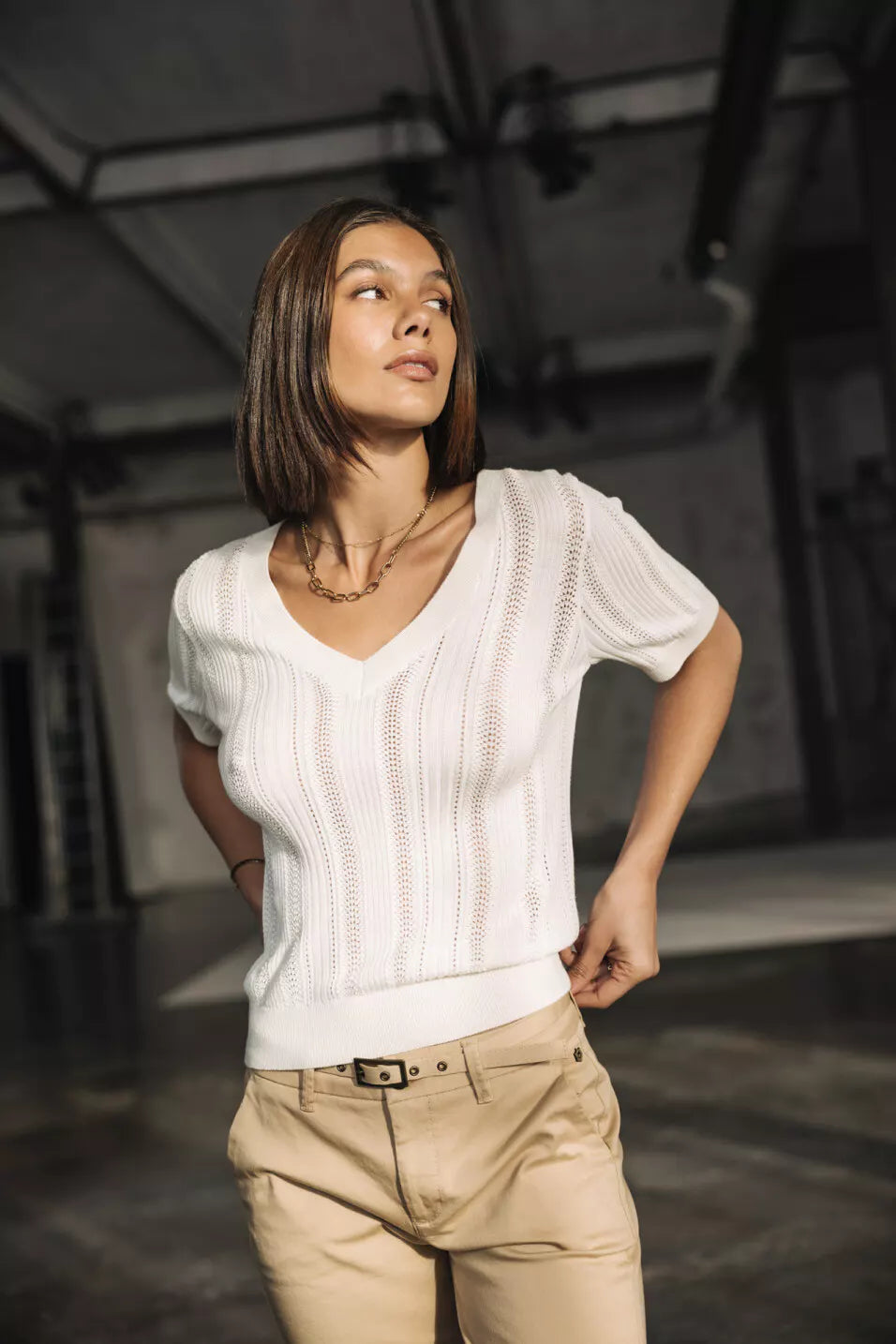 T-Shirt en maille ajourée Polane Rib (Off white)