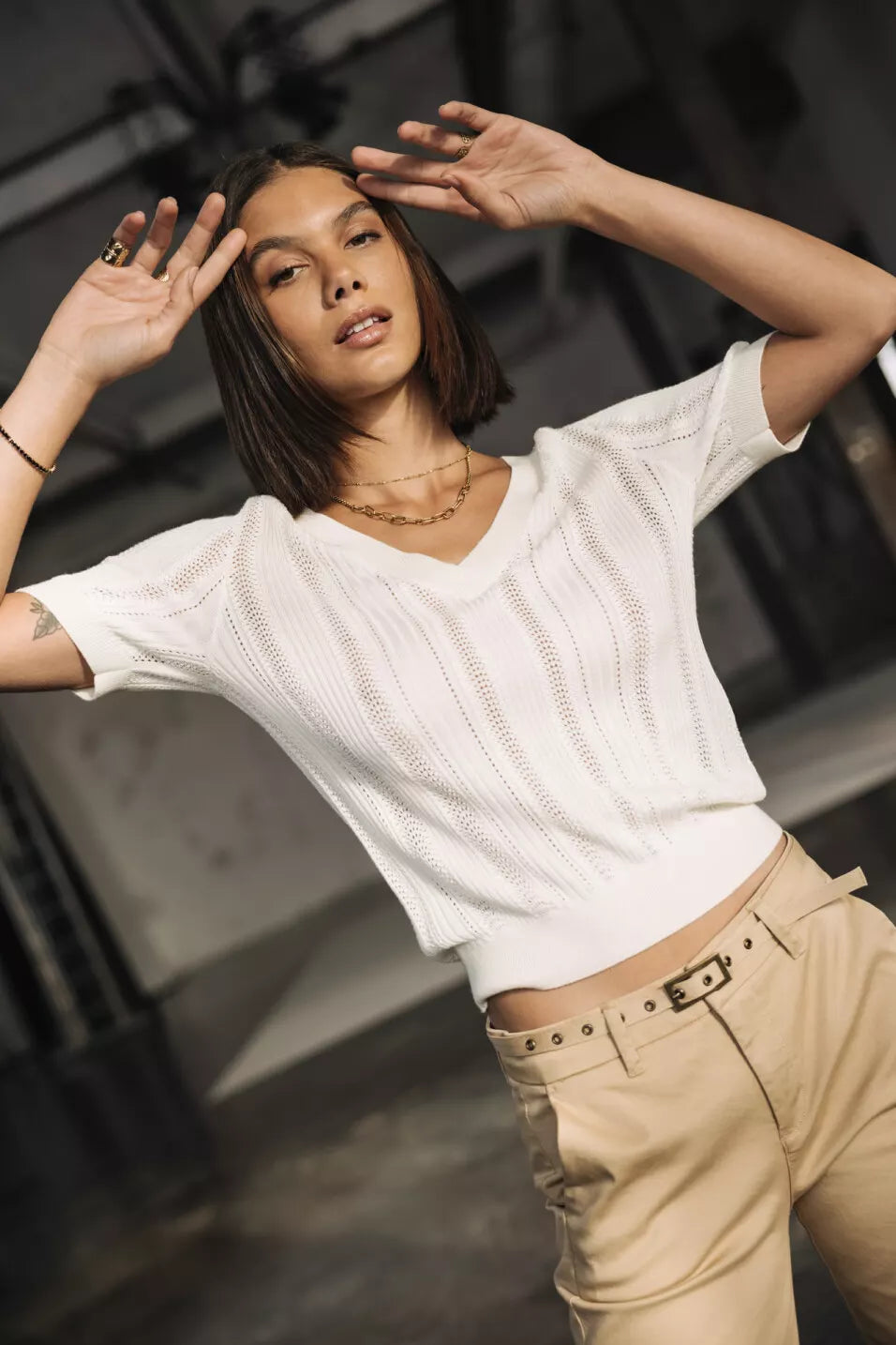T-Shirt en maille ajourée Polane Rib (Off white)