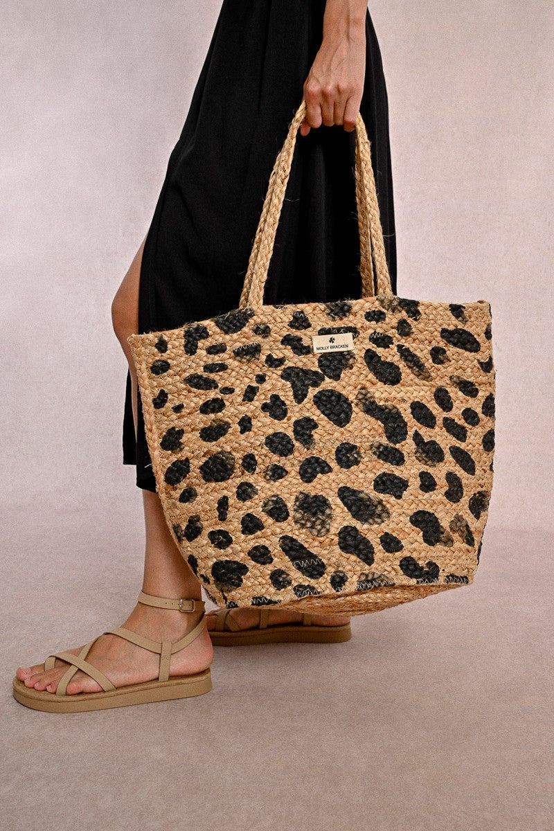 Sac cabas en paille, motif léopard