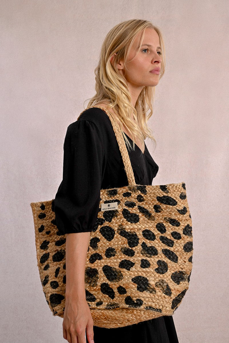 Sac cabas en paille, motif léopard