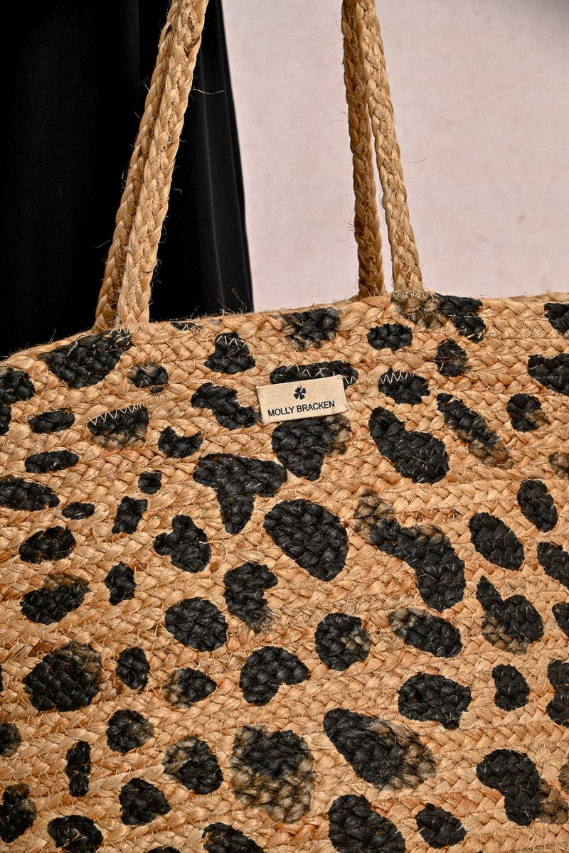Sac cabas en paille, motif léopard