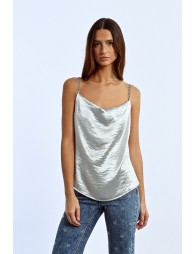 Top à bretelles à strass, effet satiné