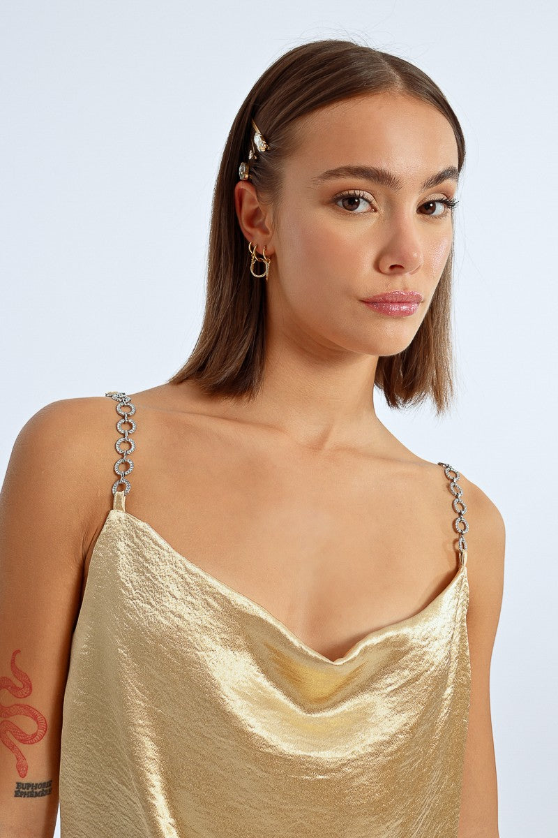 Top à bretelles à strass, effet satiné (or)